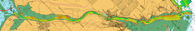 Combined MBES surveys of the entire length of the Menai Strait overlaid on an Admiralty chart 